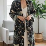 Black Jungle Print Velvet Kimono Robe | Bridesmaid Velvet Coat, Morning Tea Jacket, Cotton Velvet Women’s Robe, Bridal Wear, Gift For Her