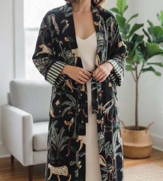 Black Jungle Print Velvet Kimono Robe | Bridesmaid Velvet Coat, Morning Tea Jacket, Cotton Velvet Women’s Robe, Bridal Wear, Gift For Her