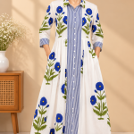 Women's White Maxi Shirt Dress with Blue Floral Print, Striped Front, 3/4 Sleeves and Flared Skirt