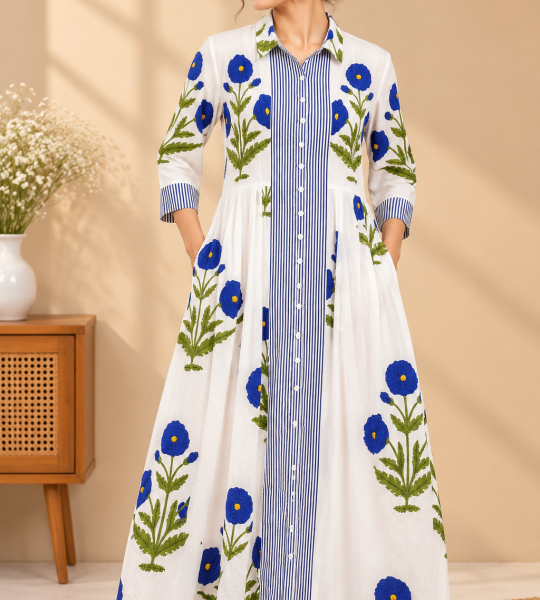 Women's White Maxi Shirt Dress with Blue Floral Print, Striped Front, 3/4 Sleeves and Flared Skirt