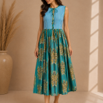 Teal Animal Print Midi Dress for Women | Tie Neck Sleeveless A-Line Dress | Printed Summer Dress