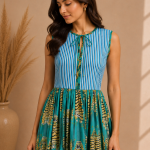 Teal Animal Print Midi Dress for Women | Tie Neck Sleeveless A-Line Dress | Printed Summer Dress