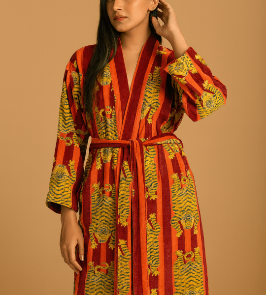 Handmade Green Jungle Print Velvet Kimono Robe: Cotton Bridal Coat