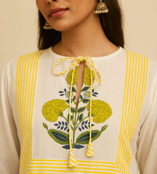 Boho Floral Print Midi Dress – Yellow & Blue Cotton A-Line Dress – Ethnic Casual Summer Wear – Hand Block Print – Comfortable Everyday Dress