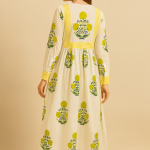 Boho Floral Print Midi Dress – Yellow & Blue Cotton A-Line Dress – Ethnic Casual Summer Wear – Hand Block Print – Comfortable Everyday Dress