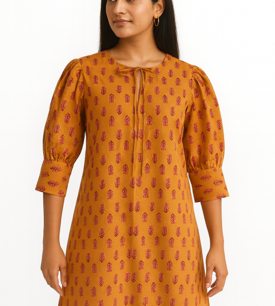 Handmade Block Print Cotton Top – Mustard Yellow Boho Blouse with Puff Sleeves & Tie Neck