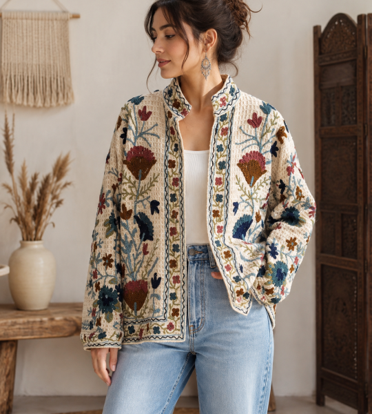 Suzani Indian Embroidery Jacket Boho Vintage Style Ethnic Festival Wear Handcrafted Outerwear