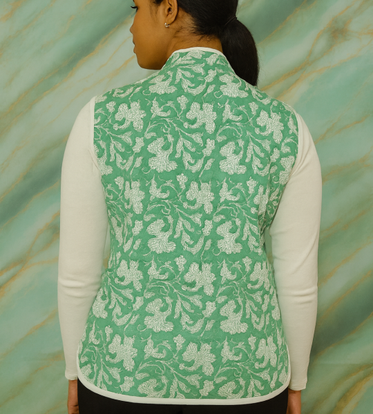Handmade Green Cotton Floral Jacket with Pockets - Elegant Button-Up Vest