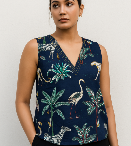 PECK OF 2 PIECES, Handmade Block Print Cotton Top – Mustard Blue Boho Blouse with Puff Sleeves & Tie Neck