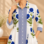 Women's White Maxi Shirt Dress with Blue Floral Print, Striped Front, 3/4 Sleeves and Flared Skirt