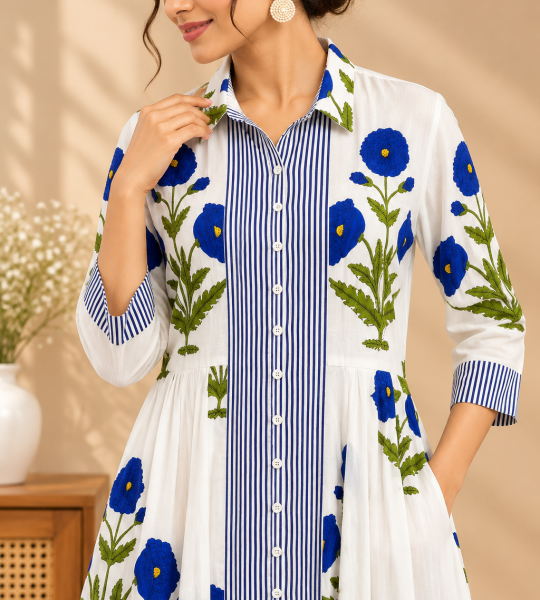 Women's White Maxi Shirt Dress with Blue Floral Print, Striped Front, 3/4 Sleeves and Flared Skirt