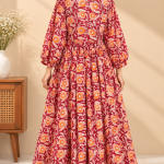Floral Print Maxi Dress for Women – Boho A-Line Dress with 3/4 Puff Sleeves and Tie-Up Neck