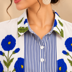 Women's White Maxi Shirt Dress with Blue Floral Print, Striped Front, 3/4 Sleeves and Flared Skirt
