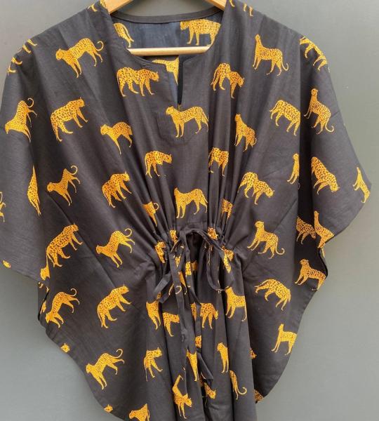 Tiger Hand Block print women's kaftan, Animal cotton light weight summer wear, beach wear dress, maxi Gown nightwear