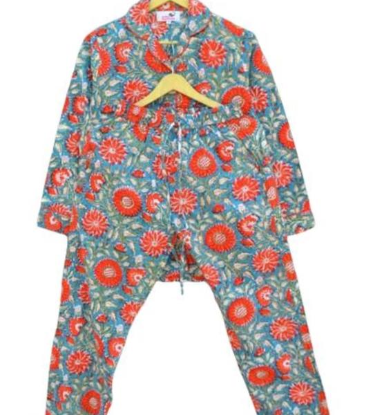 Hand Block Printed Cotton Pajama Set | Pink Striped Floral Nightwear | Boho Loungewear Sleepwear | Womens Handmade Night Suit