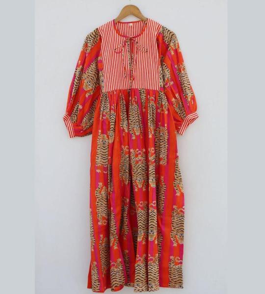 Hand Block Printed Cotton Maxi Dress: Tiger Print Indian Summer Dress