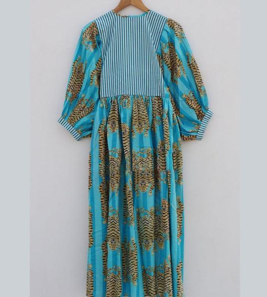 Hand Block Printed Cotton Maxi Dress: Tiger Print Indian Summer Dress