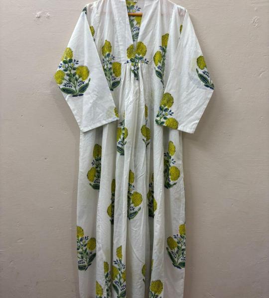 White Floral hand block Print full Sleeve Dress, Block print dress, Midi Dress, Mini Dress, Customize Measurement Size Also Available