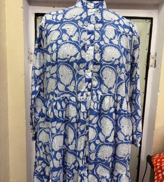 Hand Block Printed Cotton Maxi Dress – Blue Floral Long Dress with Pockets, Button Down Tiered Dress, Boho Summer Dress