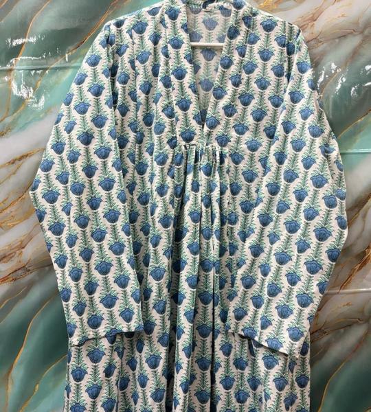 White Floral hand block Print full Sleeve Dress, Block print dress, Midi Dress, Mini Dress, Customize Measurement Size Also Available