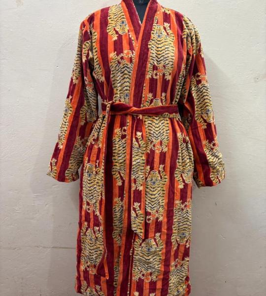 Handmade Green Jungle Print Velvet Kimono Robe: Cotton Bridal Coat