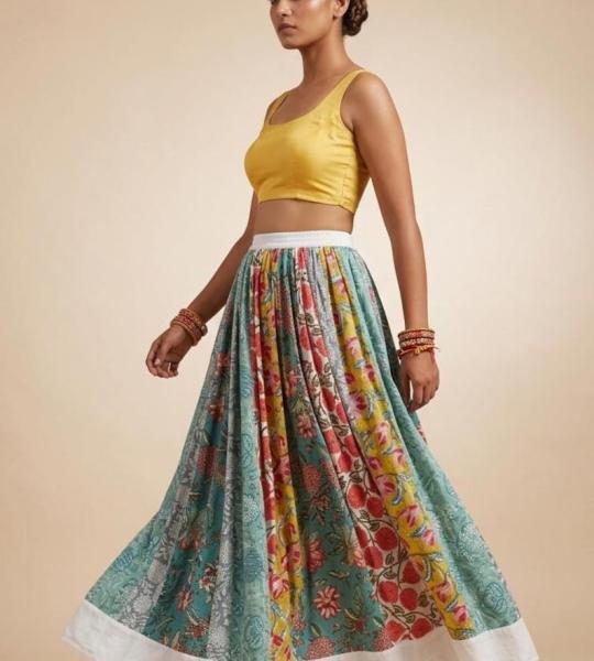 Hand Block Print Cotton Maxi Skirt for Women – Floral Boho Long Skirt with Elastic Waist, Summer Cottagecore Skirt