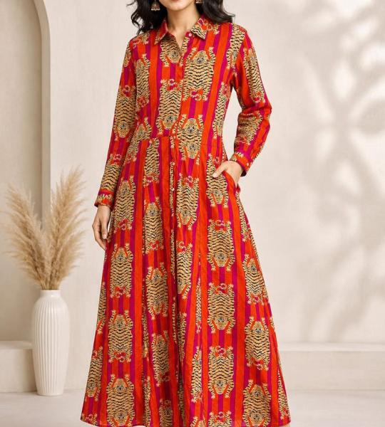 Women's Red Tiger Print Maxi Dress | Full Sleeve Collared Long Dress | Elegant Cotton Shirt Dress with Pockets