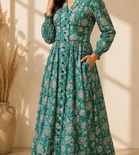 Women's Teal Green Floral Printed Maxi Dress | Long Sleeve Button-Down Casual Midi Dress