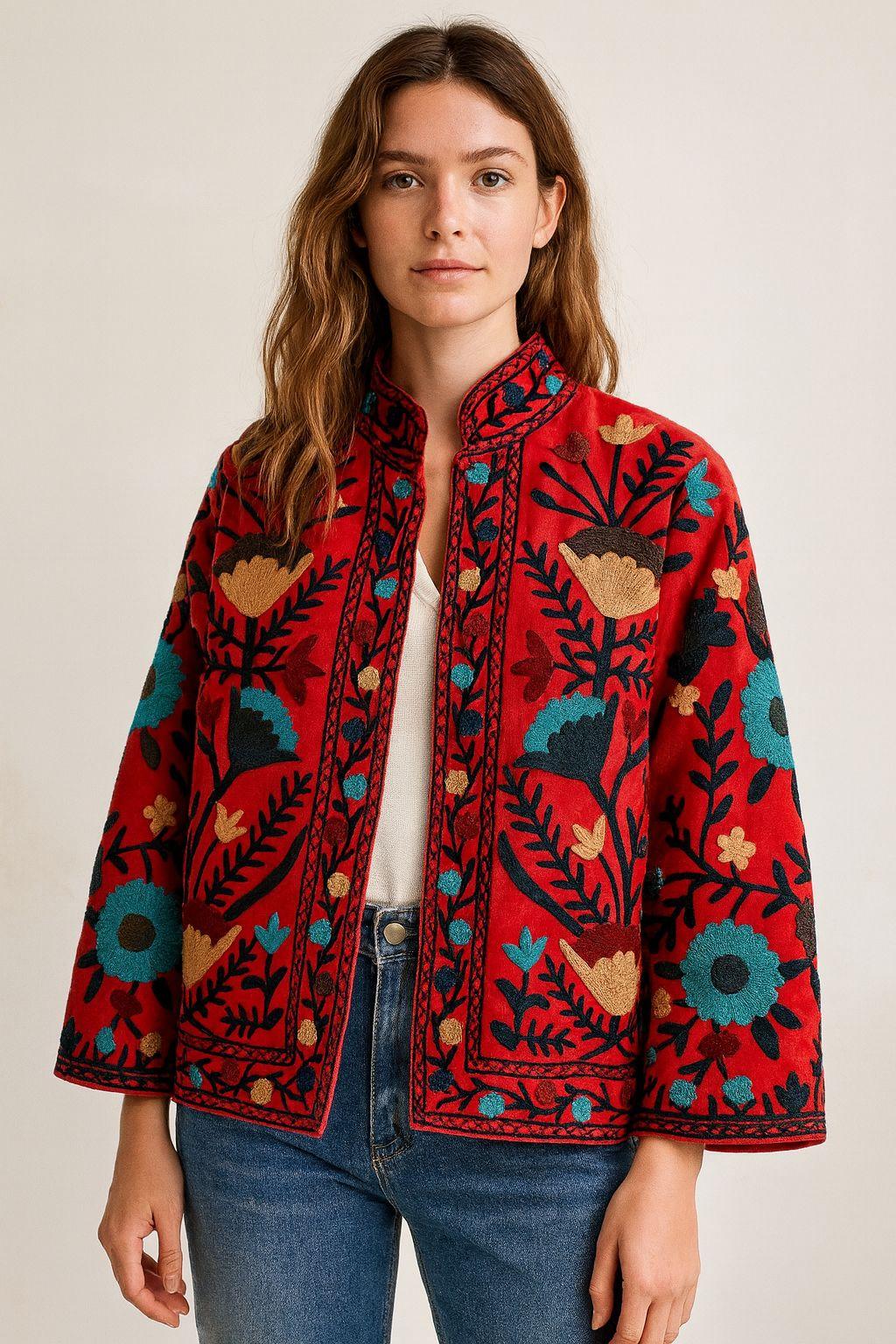 Red embroidered Christmas party jacket