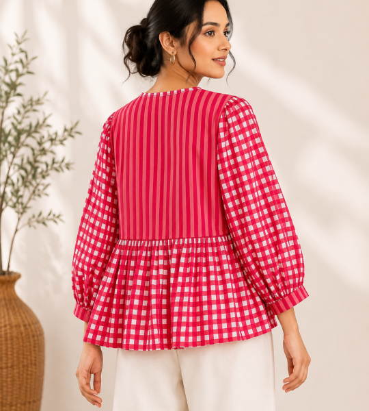 Women's Pink Checkered Peplum Top | Striped & Gingham Cotton Blouse | Puff Sleeve Casual Top for Women