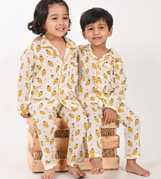 WHITE COLOR HAND BLOCK PRINNTED KIDS COTTON NIGHT SHIRT SET, INDIAN HANDMADE COTTON PJ SET