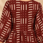 Hand Block Print Boho Midi Dress for Women – 3/4 Sleeve A-Line Dress with Tie-Up Neck