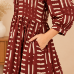 Hand Block Print Boho Midi Dress for Women – 3/4 Sleeve A-Line Dress with Tie-Up Neck