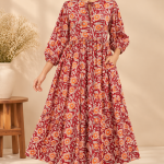 Floral Print Maxi Dress for Women – Boho A-Line Dress with 3/4 Puff Sleeves and Tie-Up Neck