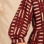 Hand Block Print Boho Midi Dress for Women – 3/4 Sleeve A-Line Dress with Tie-Up Neck