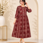 Hand Block Print Boho Midi Dress for Women – 3/4 Sleeve A-Line Dress with Tie-Up Neck