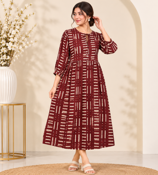 Hand Block Print Boho Midi Dress for Women – 3/4 Sleeve A-Line Dress with Tie-Up Neck