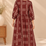 Hand Block Print Boho Midi Dress for Women – 3/4 Sleeve A-Line Dress with Tie-Up Neck