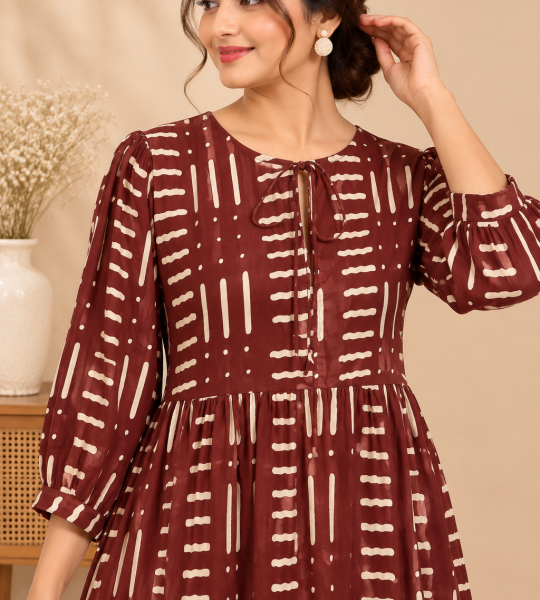 Hand Block Print Boho Midi Dress for Women – 3/4 Sleeve A-Line Dress with Tie-Up Neck