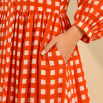 Red Gingham Check Midi Dress for Women, Long Sleeve Cotton Look Smock Dress, Square Print Boho Casual Outfit with Pockets
