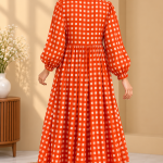 Red Gingham Check Midi Dress for Women, Long Sleeve Cotton Look Smock Dress, Square Print Boho Casual Outfit with Pockets