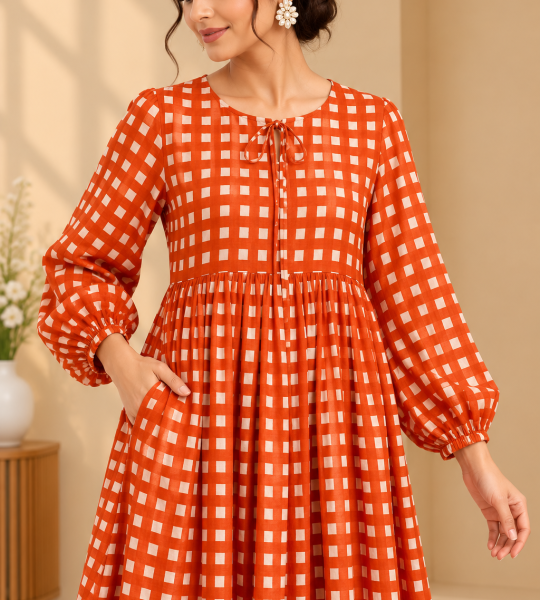 Red Gingham Check Midi Dress for Women, Long Sleeve Cotton Look Smock Dress, Square Print Boho Casual Outfit with Pockets