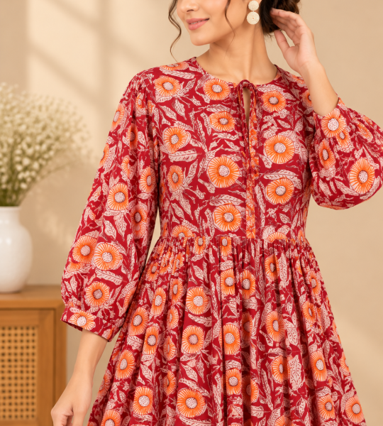 Floral Print Maxi Dress for Women – Boho A-Line Dress with 3/4 Puff Sleeves and Tie-Up Neck