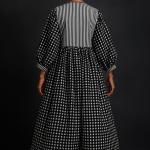 Hand Block Printed Cotton Maxi Dress | Black & White Checkered Long Dress | Vintage Style Striped Bodice Cotton Dress | Boho Midi Dress for Women