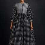 Hand Block Printed Cotton Maxi Dress | Black & White Checkered Long Dress | Vintage Style Striped Bodice Cotton Dress | Boho Midi Dress for Women