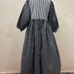 Hand Block Printed Cotton Maxi Dress | Black & White Checkered Long Dress | Vintage Style Striped Bodice Cotton Dress | Boho Midi Dress for Women