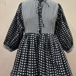 Hand Block Printed Cotton Maxi Dress | Black & White Checkered Long Dress | Vintage Style Striped Bodice Cotton Dress | Boho Midi Dress for Women