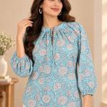 Sky Blue Floral Printed Front-Tie Balloon Sleeve Top for Women