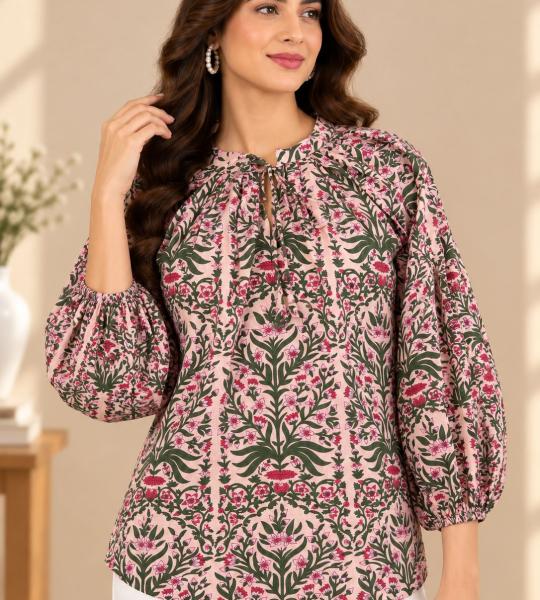 Pink Floral Printed Front Tie-Up Balloon Sleeve Top for Women