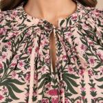 Pink Floral Printed Front Tie-Up Balloon Sleeve Top for Women